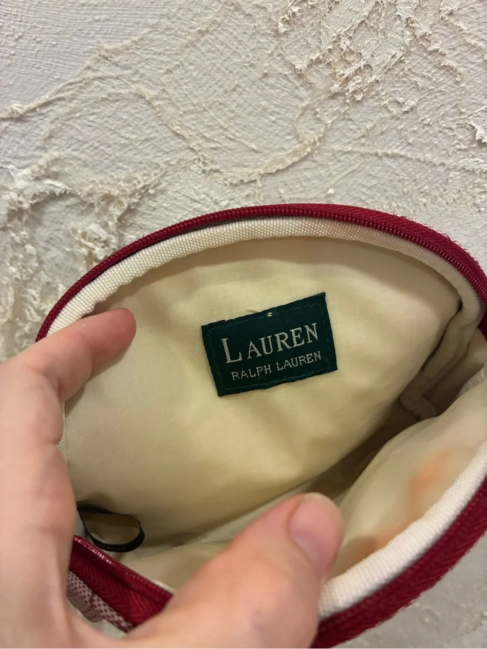 Lauren Ralph Lauren Dusty Pink Burgundy RL Monogram Pouch Cosmetic Case